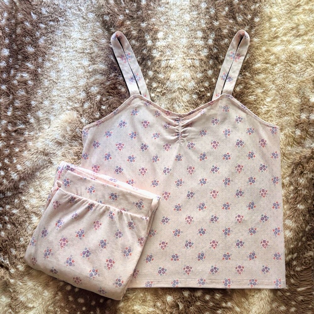 Honeydew Pink Floral Pointelle Pajama Set Cami Wide Leg Lounge Pants Size L
